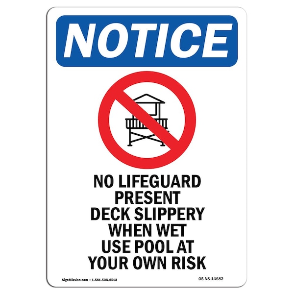 Safety Sign, OSHA Notice, 5" Height, No Lifeguard Present Sign With Symbol, Portrait, 10PK